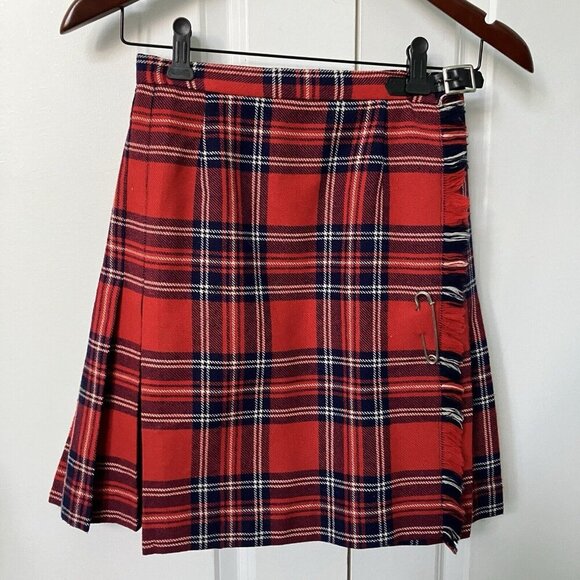 Vintage Highland Queen Kilt Skirt Red Tartan Wool Blend Short Mini - Picture 1 of 9